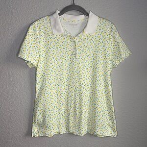 💛Lands' End Lemon Print Yellow and White Fitted Polo Top